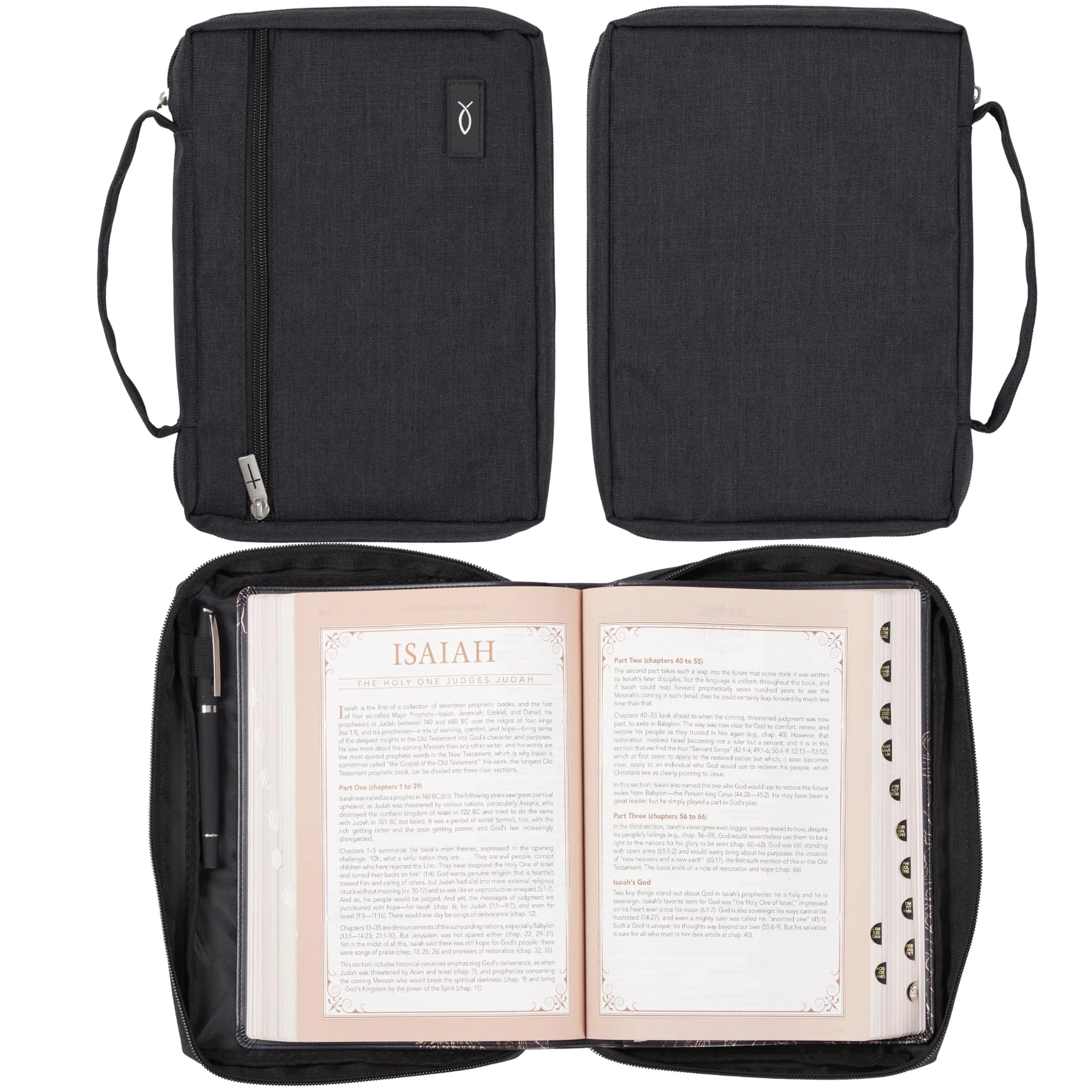 Christian Art Gifts Polyester Bible Cover for Men & Women w/Jesus Fish Patch, Secure Zipper Pocket, Pen Loops, Ribbon Bookmark Markers, Easy Carry Book Case for Stationery, Accessories, Black
